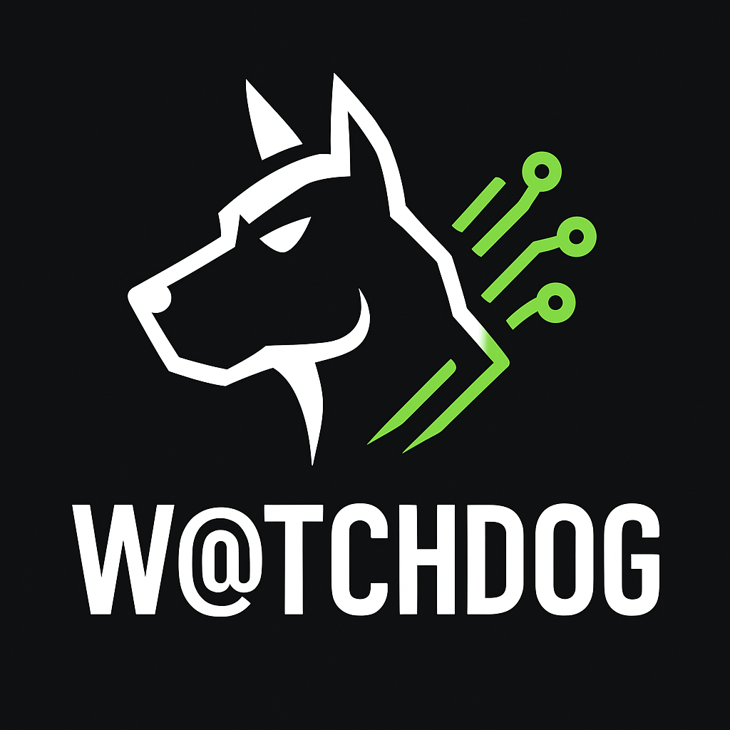 Logo de WATCHDOG, tête de chien stylisée avec éléments de circuits, sur fond noir.